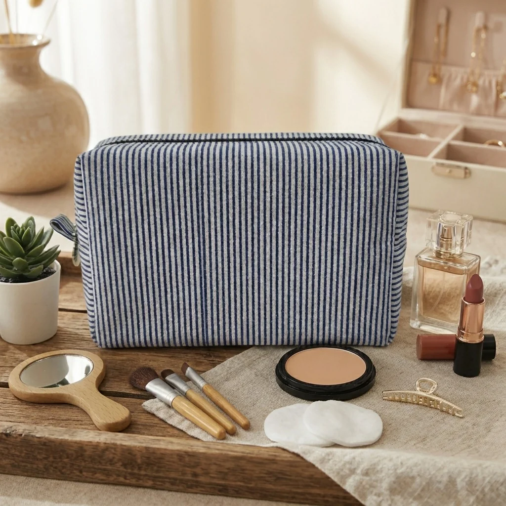 Custom Embroidered Logo Striped Seersucker Cosmetic Bag Extra Large Capacity Toiletry Storage Bag
