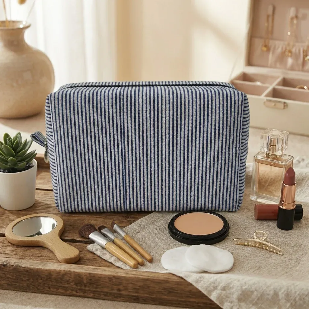 Custom Embroidered Logo Striped Seersucker Cosmetic Bag Extra Large Capacity Toiletry Storage Bag