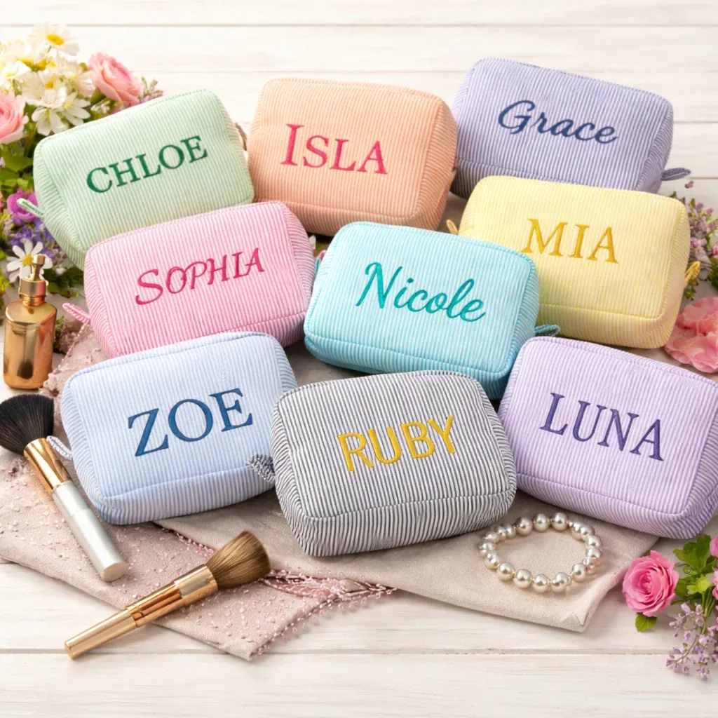 Custom Embroidered Logo Striped Seersucker Cosmetic Bag Extra Large Capacity Toiletry Storage Bag
