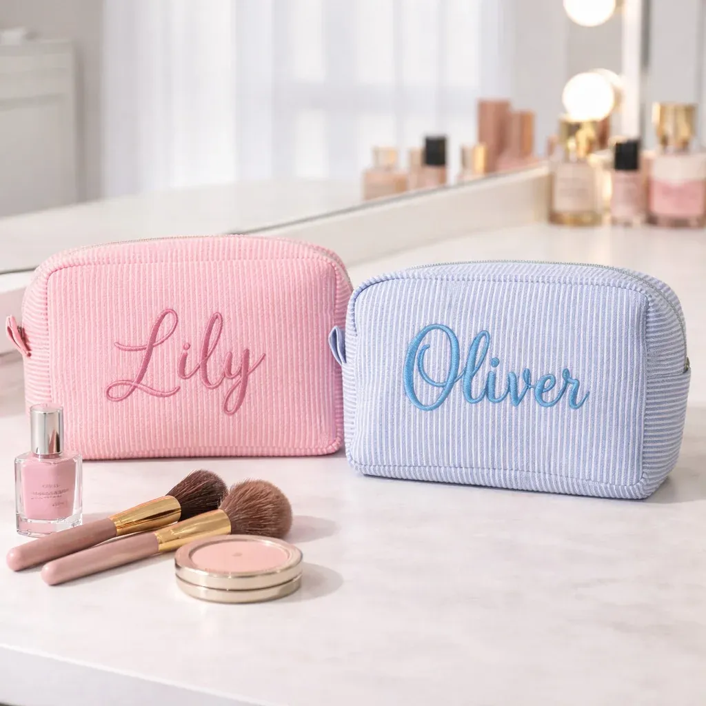 Custom Embroidered Logo Striped Seersucker Cosmetic Bag Extra Large Capacity Toiletry Storage Bag