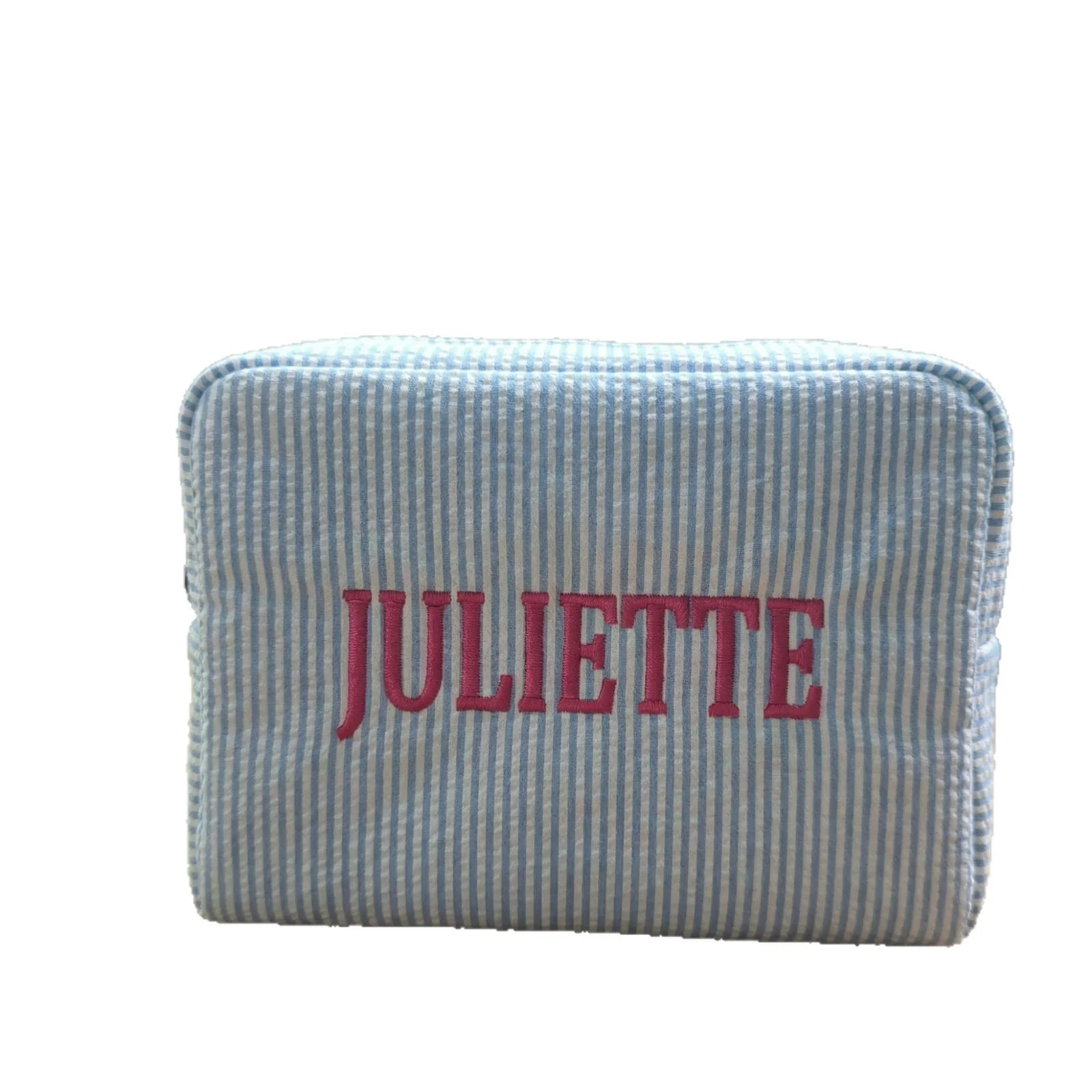 Custom Embroidered Logo Seersucker Cosmetic Bag | Large Toiletry Bag