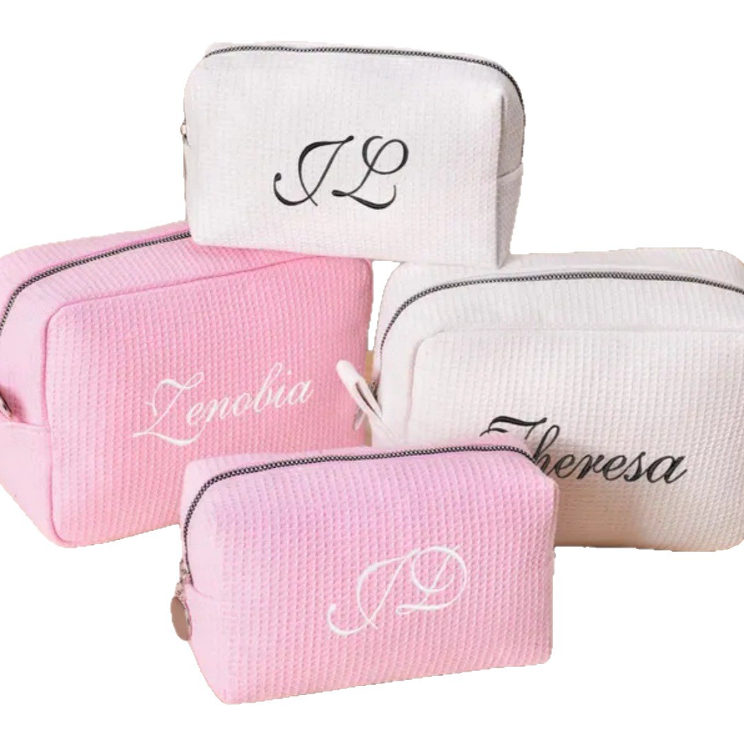 Waffle Pattern Clutch Bag Custom Embroidered Logo Cosmetic Bag Large Capacity Travel Toiletry Storage Bag