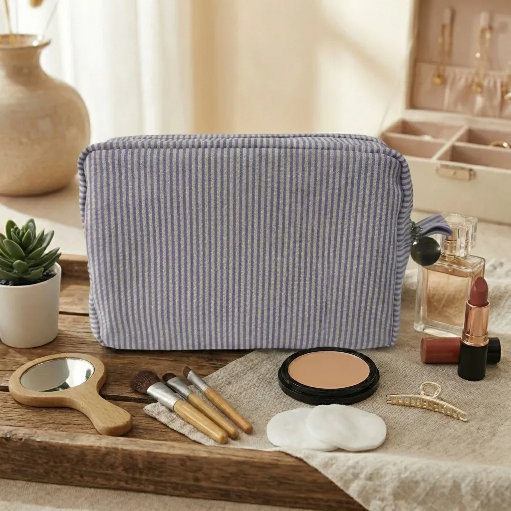 Custom Embroidered Logo Striped Seersucker Cosmetic Bag Extra Large Capacity Toiletry Storage Bag