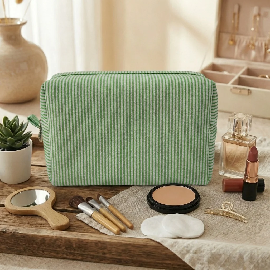 Custom Embroidered Logo Seersucker Cosmetic Bag | Large Toiletry Bag