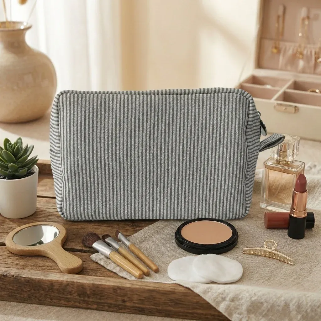Custom Embroidered Logo Striped Seersucker Cosmetic Bag Extra Large Capacity Toiletry Storage Bag