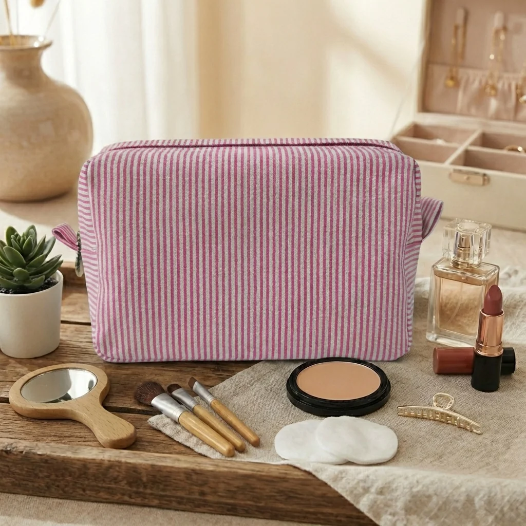 Custom Embroidered Logo Striped Seersucker Cosmetic Bag Extra Large Capacity Toiletry Storage Bag