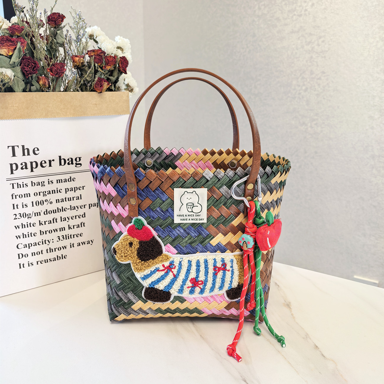Vintage Stripe Dachshund Woven Handbag Summer Beach Tote Bag