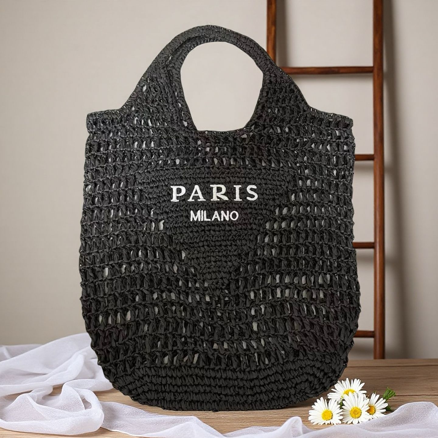 Hollow Crochet Letter Embroidery Handbag Summer Vacation Beach Shoulder Bag
