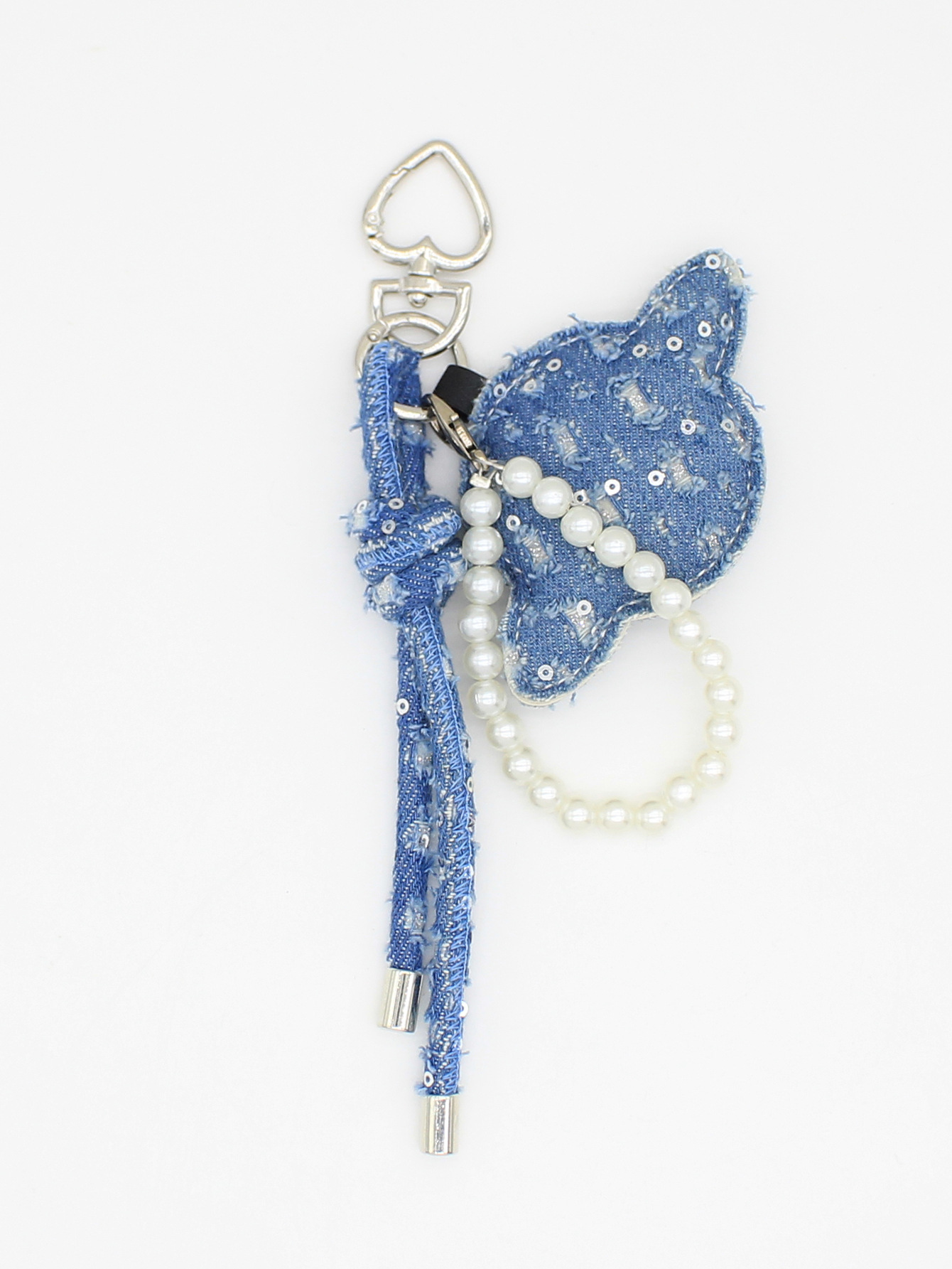 Handmade Distressed Denim Planet Keychain Pearl Chain Bag Ornament Charm