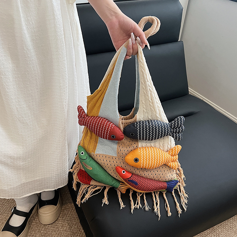 Large Capacity Tassel Spliced Knitted Shoulder Bag