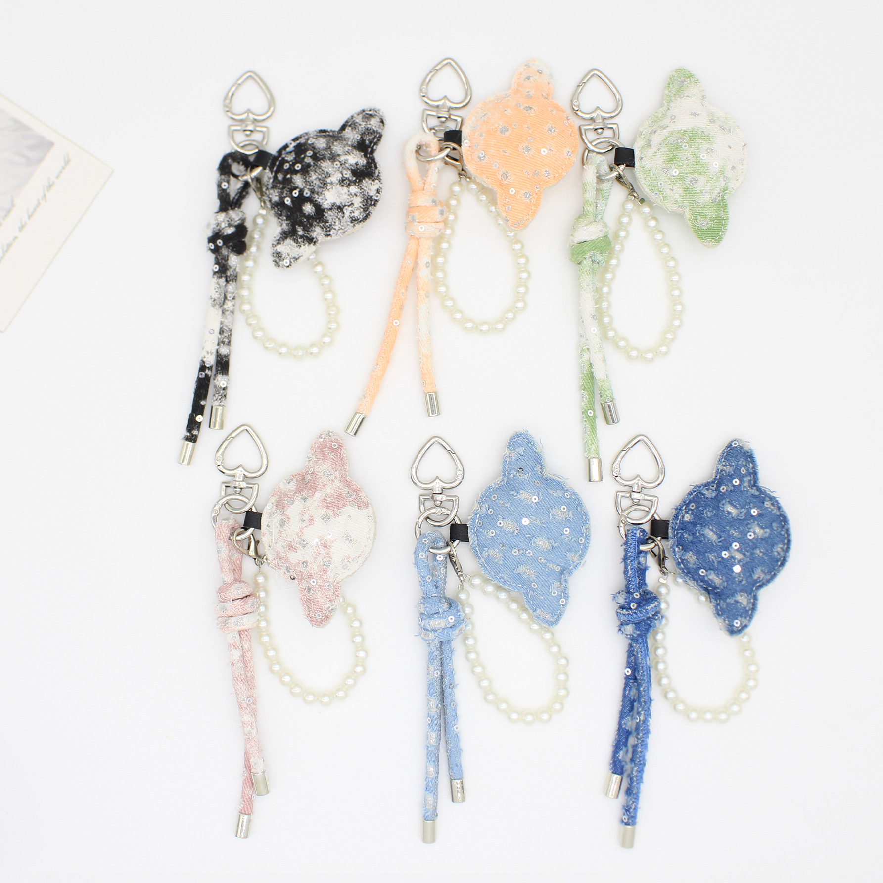 Distressed Denim Planet Handmade Bag Charm Pearl Chain Keychain