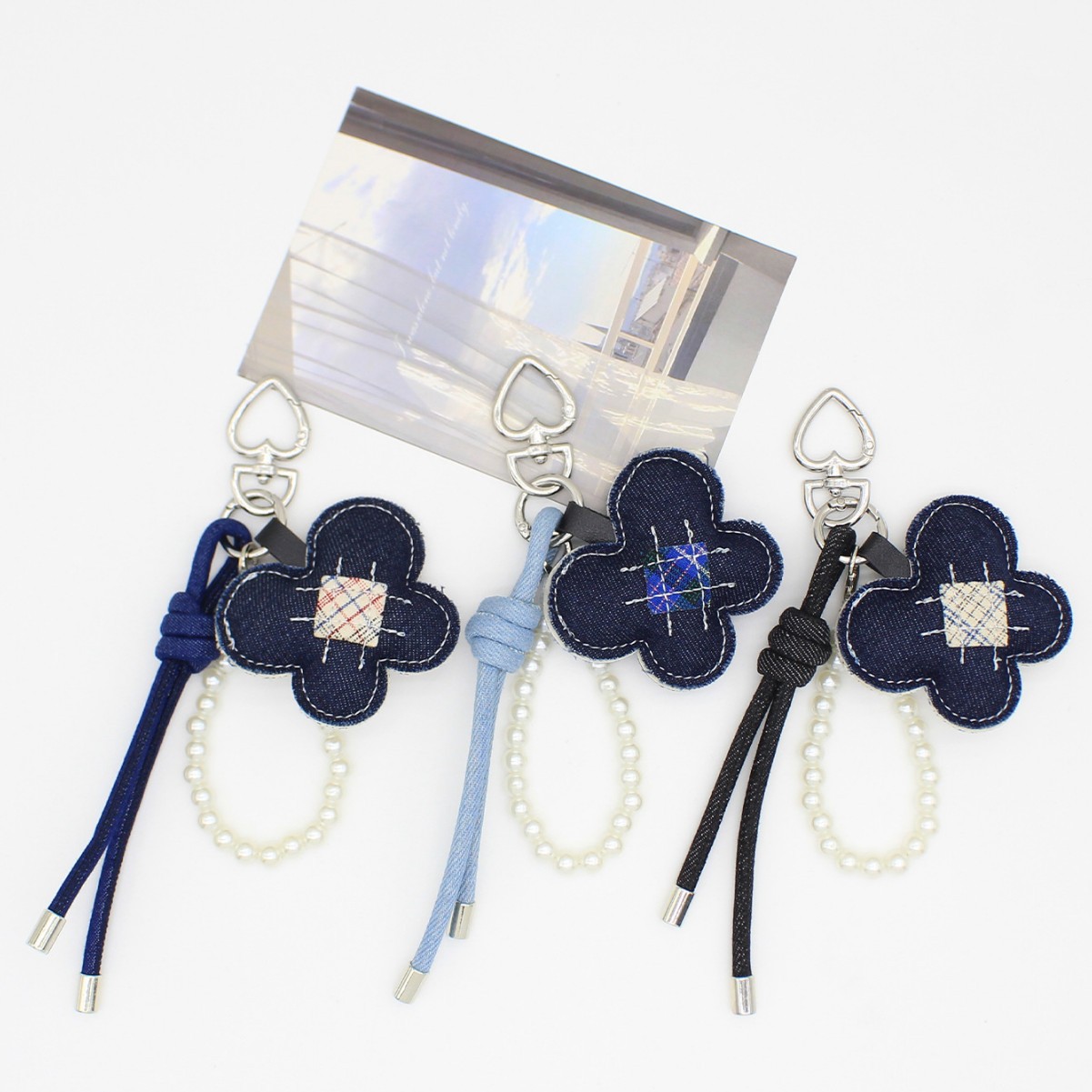 Distressed Denim Planet Handmade Bag Charm Pearl Chain Keychain