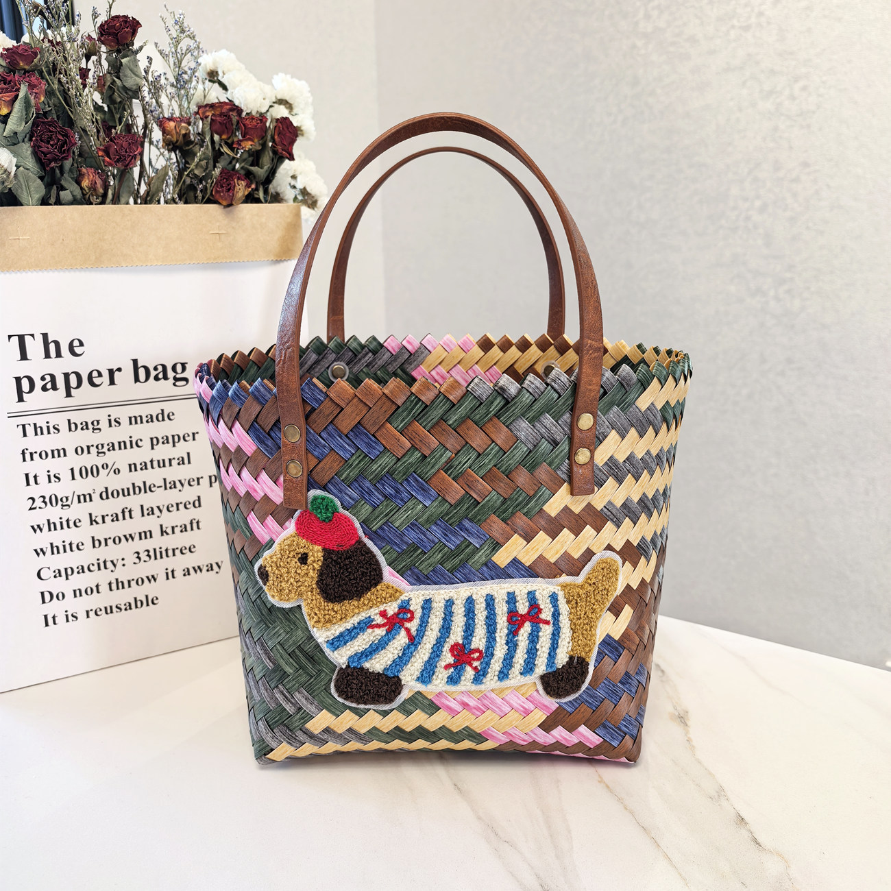 Retro Striped Dachshund Pattern Woven Bag Portable Summer Beach Hand Tote