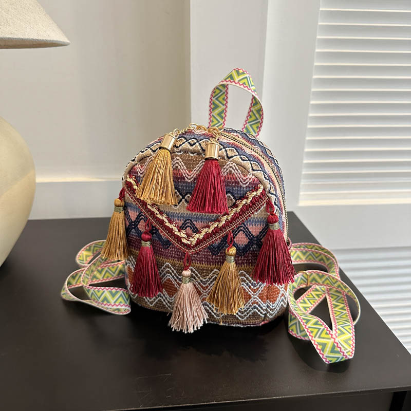 Ethnic Tassel Crossbody Backpack Lightweight Versatile Daily Shoulder Bag