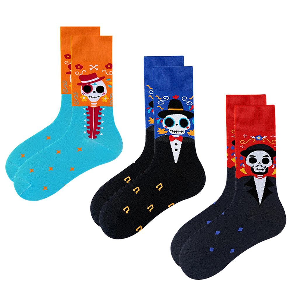 Funny Color Skull Cotton Mid Calf Socks For Day Of The Dead