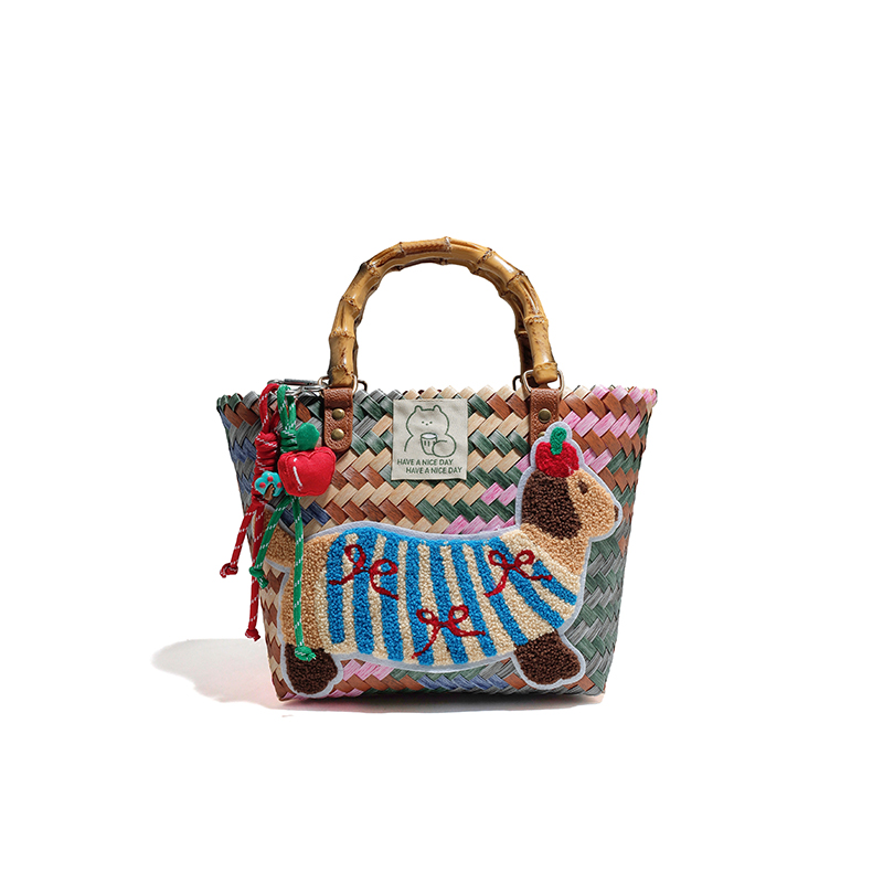 Vintage Stripe Dachshund Woven Handbag Summer Beach Tote Bag