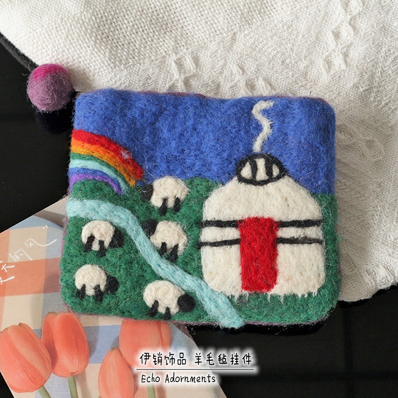 Handmade Wool Felt Sheep Coin Purse Grass Base Small Wallet