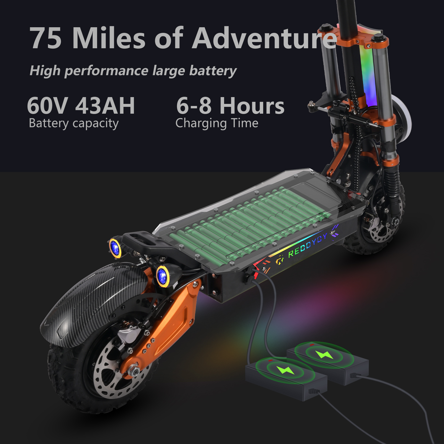 RD1 6000W Dual Motor Electric Scooter 60V 43Ah High Capacity Battery with a Range of Up to 75 Miles 11-Inch off-road Tires