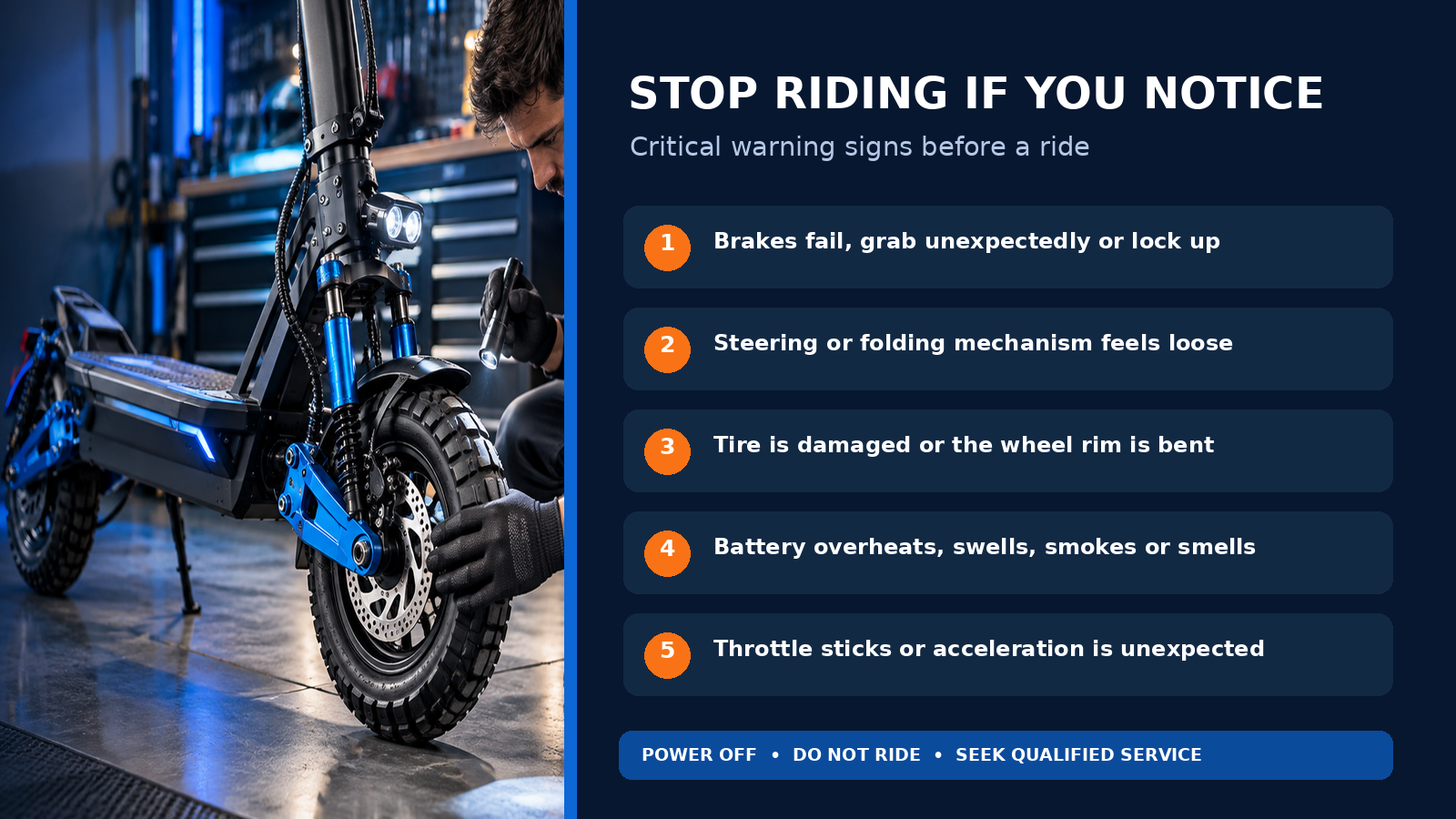 Electric scooter warning signs that require stopping immediately