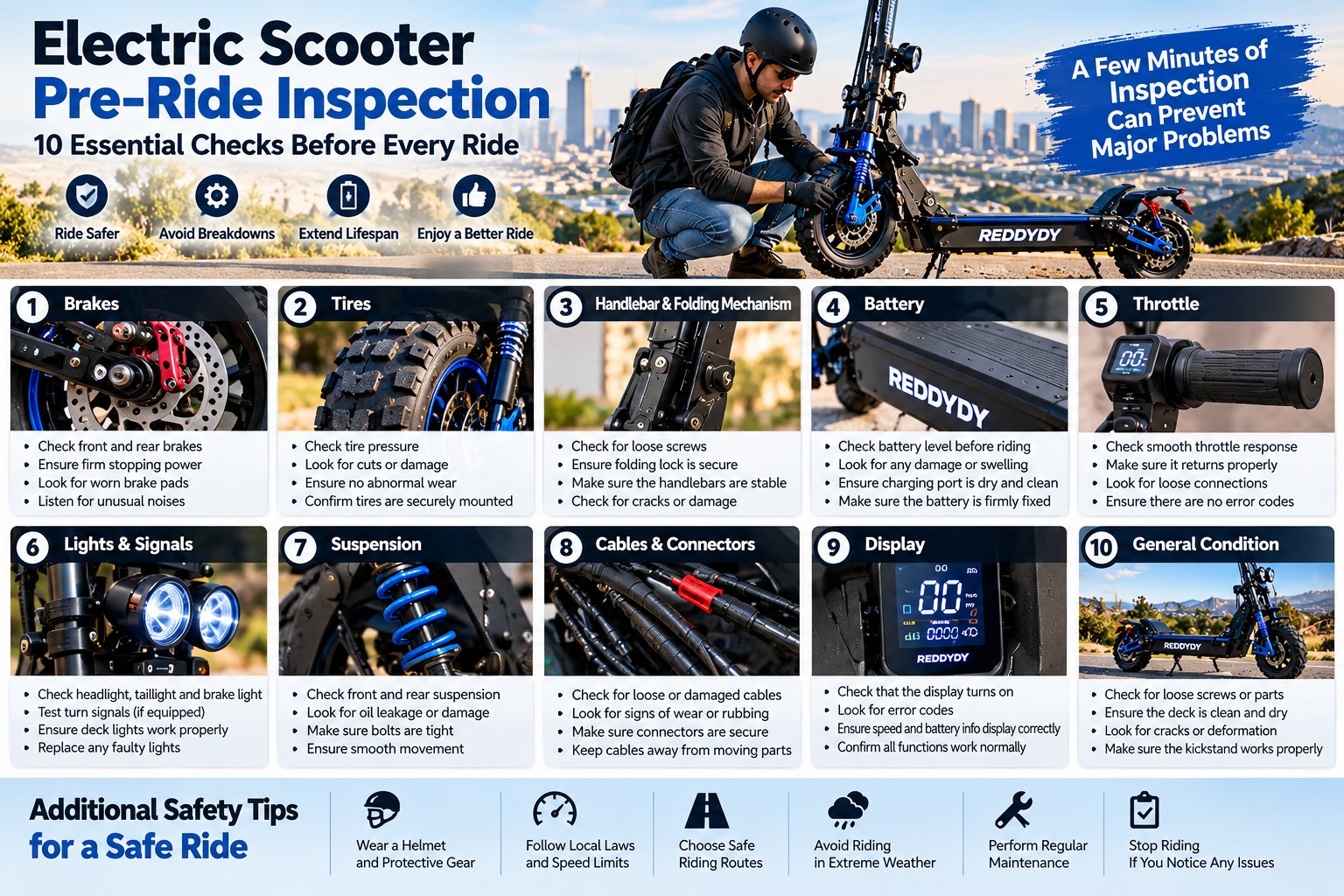 Electric scooter pre-ride inspection ten-point visual checklist