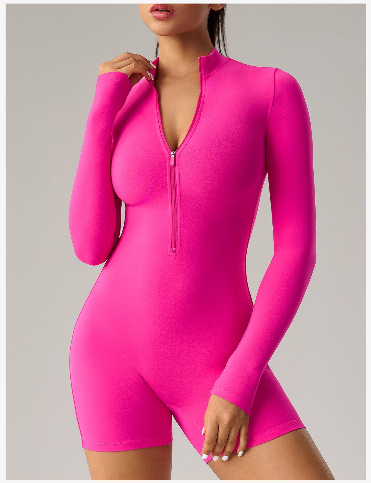 Women's Pink Zip - Up Mock Neck Long - Sleeve Unitard, Workout & Yoga