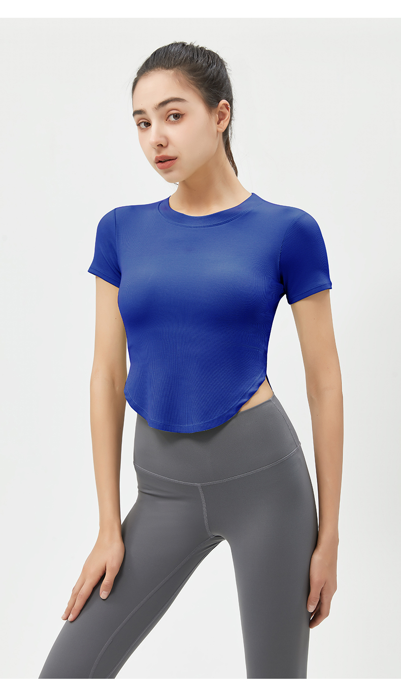 Women's Yellow Ribbed Short - Sleeve Crop Top, Yoga & Workout