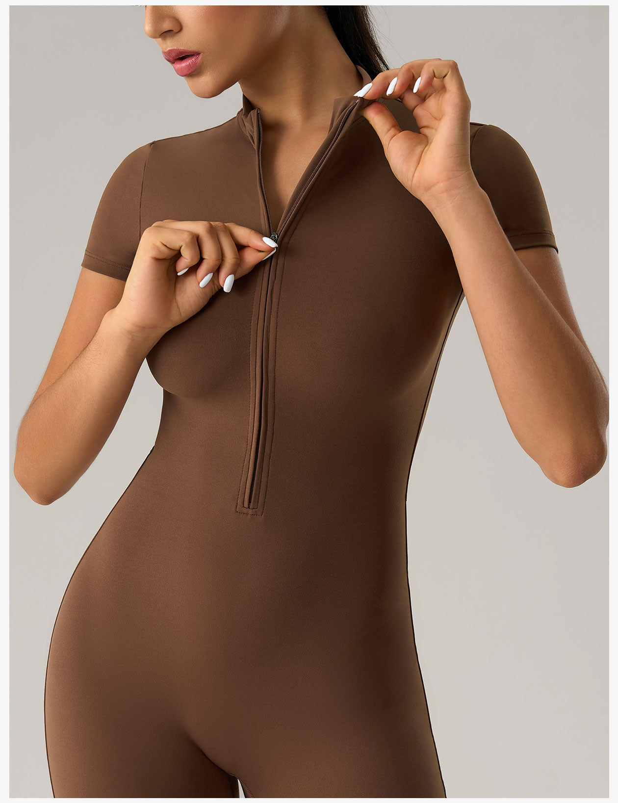 Women's Short Sleeve Zip Front Bodysuit, Slim Fit Seamless Jumpsuit for Workout, Yoga, Gym and Casual Wear