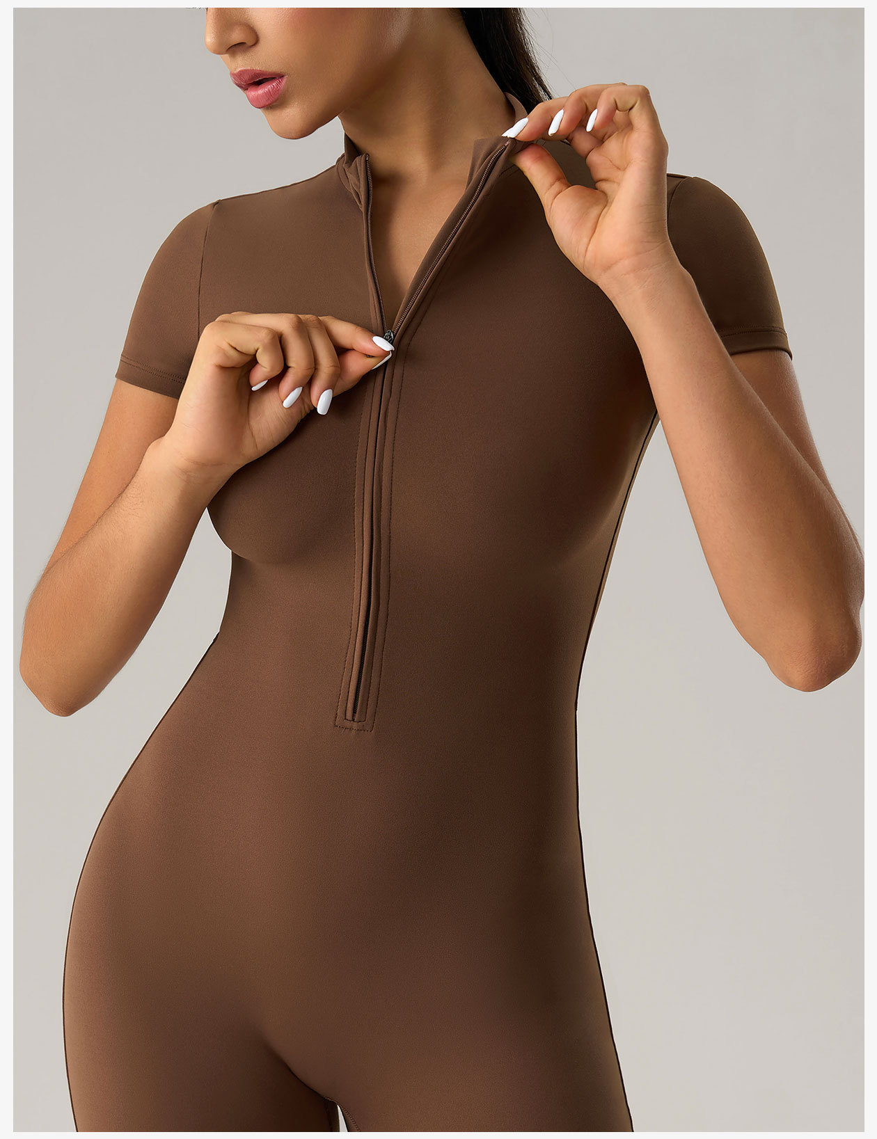 Women's Short Sleeve Zip Front Bodysuit, Slim Fit Seamless Jumpsuit for Workout, Yoga, Gym and Casual Wear