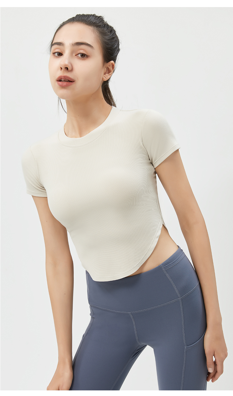 Women's Yellow Ribbed Short - Sleeve Crop Top, Yoga & Workout