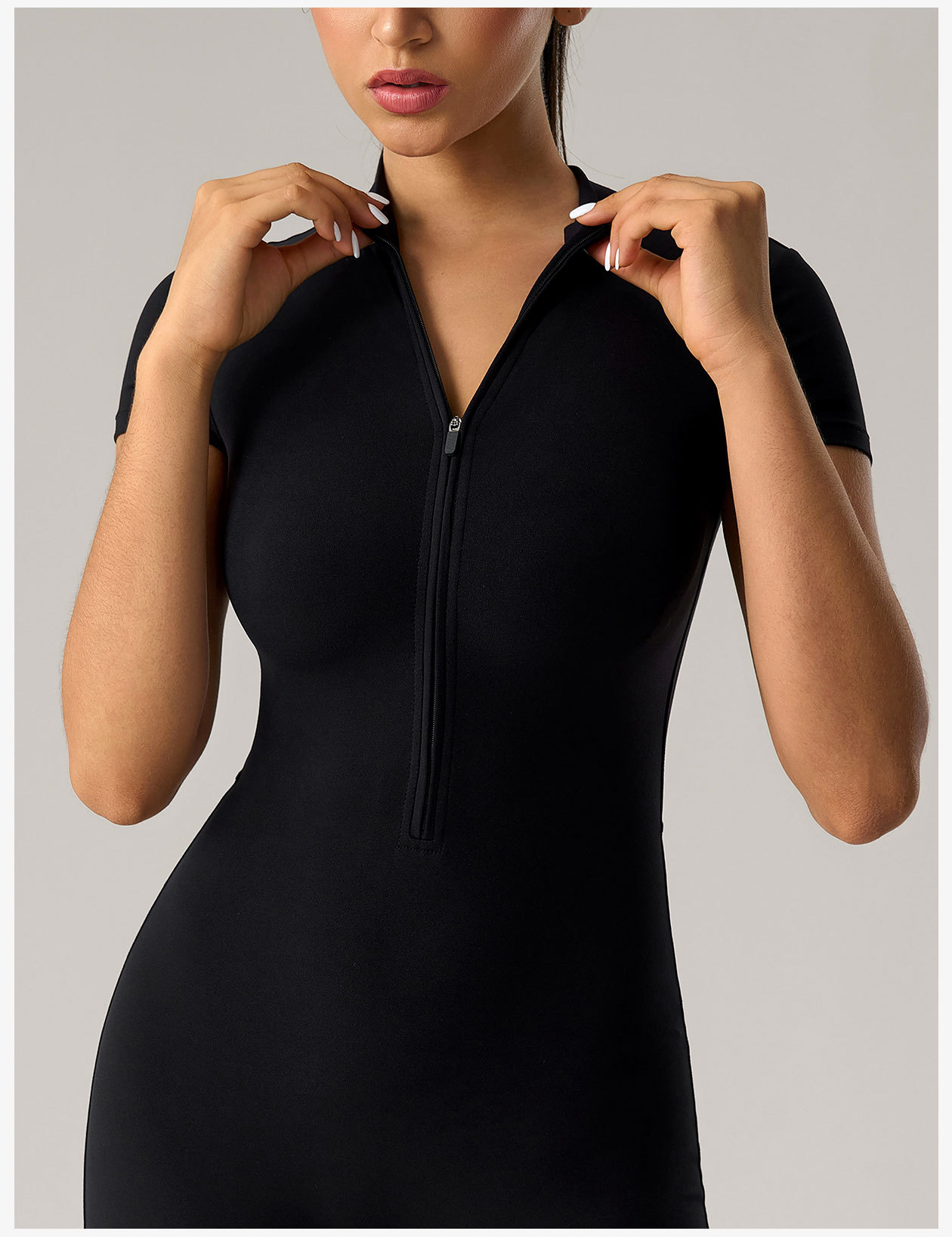 Women's Short Sleeve Zip Front Bodysuit, Slim Fit Seamless Jumpsuit for Workout, Yoga, Gym and Casual Wear
