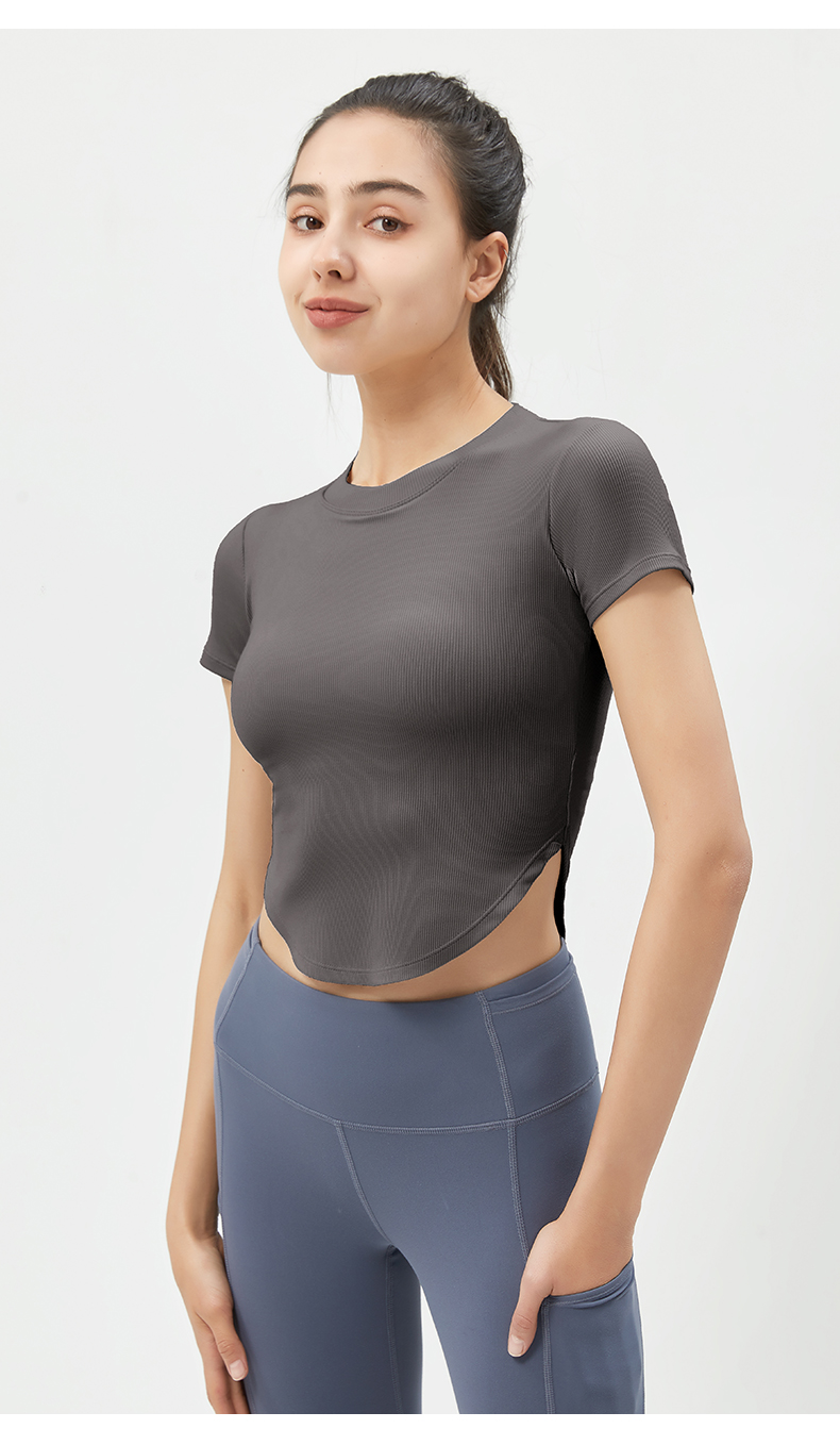 Women's Yellow Ribbed Short - Sleeve Crop Top, Yoga & Workout