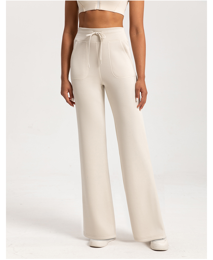Women's High - Waisted Cream Wide - Leg Pants with Drawstring & Pockets