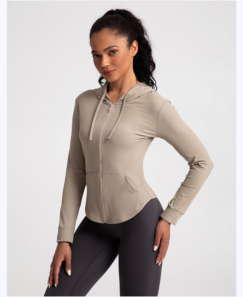 Women's Ribbed Hooded Zip - Up Jacket - Light Khaki Athletic Wear for Yoga, Gym