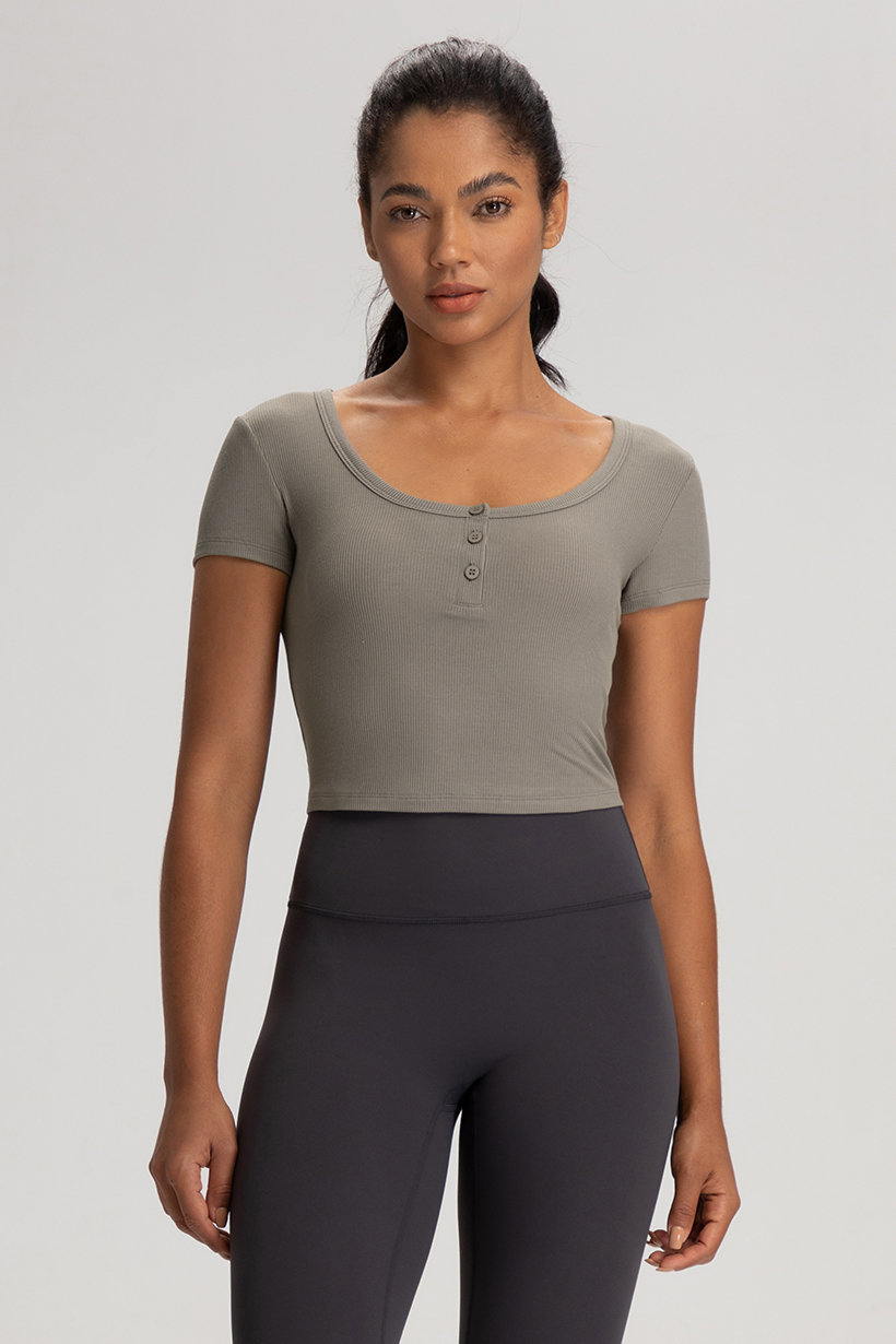 Women's Ribbed Crop Top - Square Neck Short Sleeve Button-Down Workout Shirt