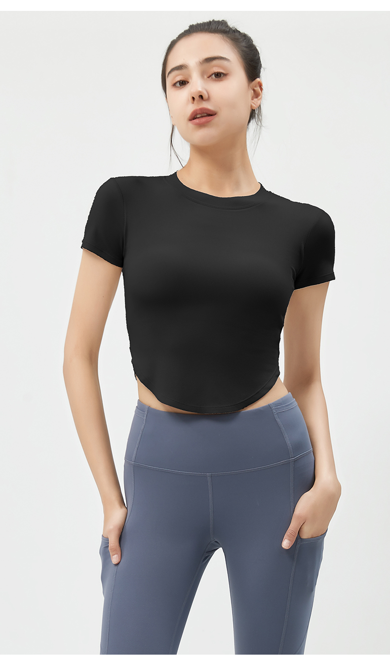 Women's Yellow Ribbed Short - Sleeve Crop Top, Yoga & Workout