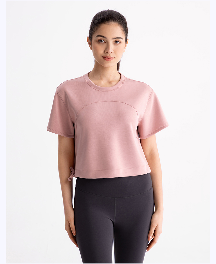 Women's Pink Cropped Short - Sleeve Top, Crew Neck Yoga & Lounge Shirt