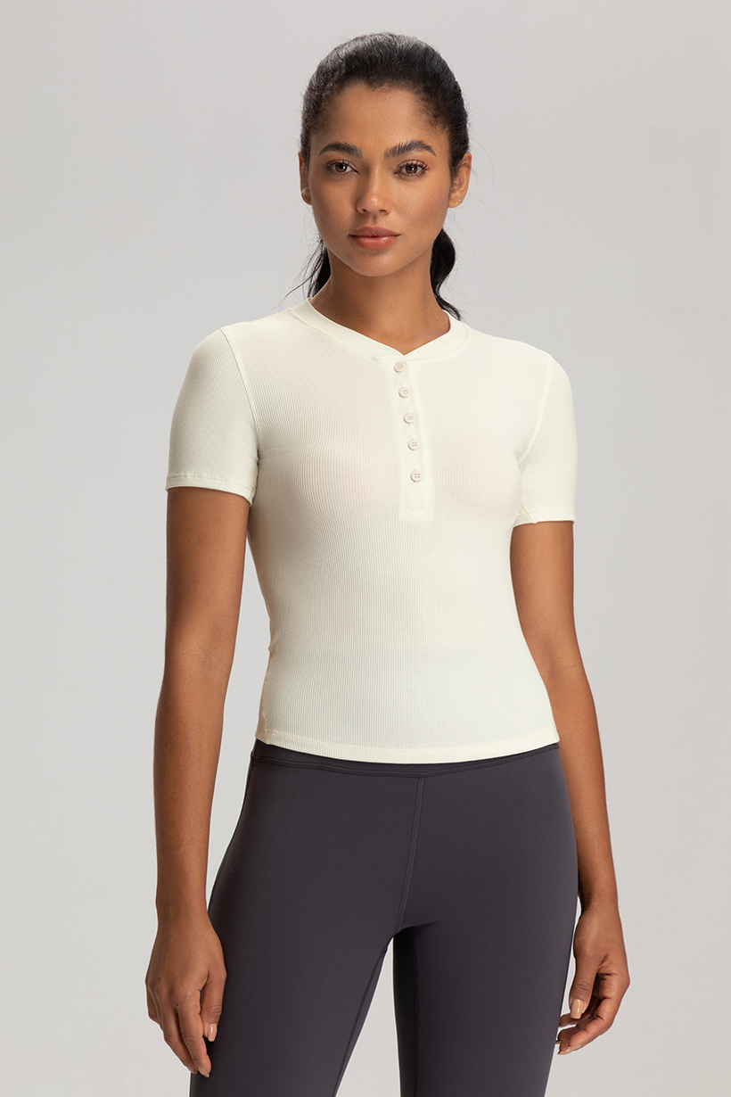 Women's White Ribbed Short - Sleeve Henley Top, Slim - Fit Yoga & Workout Shirt
