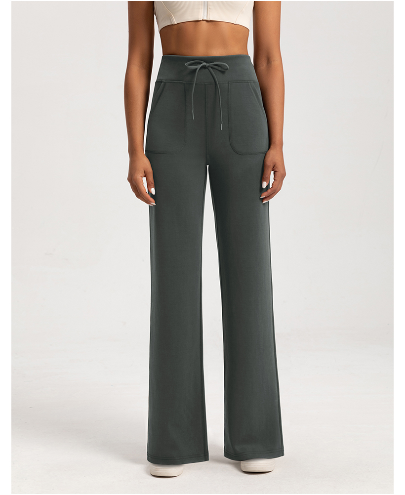 Women's High - Waisted Cream Wide - Leg Pants with Drawstring & Pockets