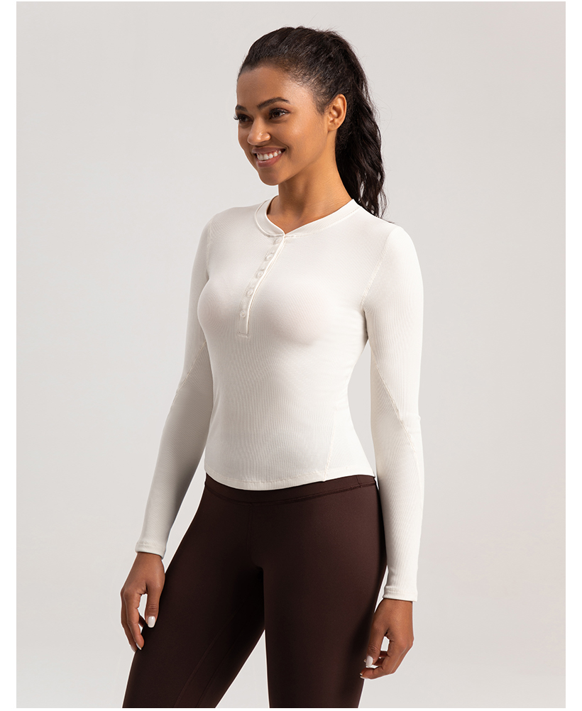 Women's White Ribbed Henley Neck Long - Sleeve Crop Top, Athletic Workout Shirt