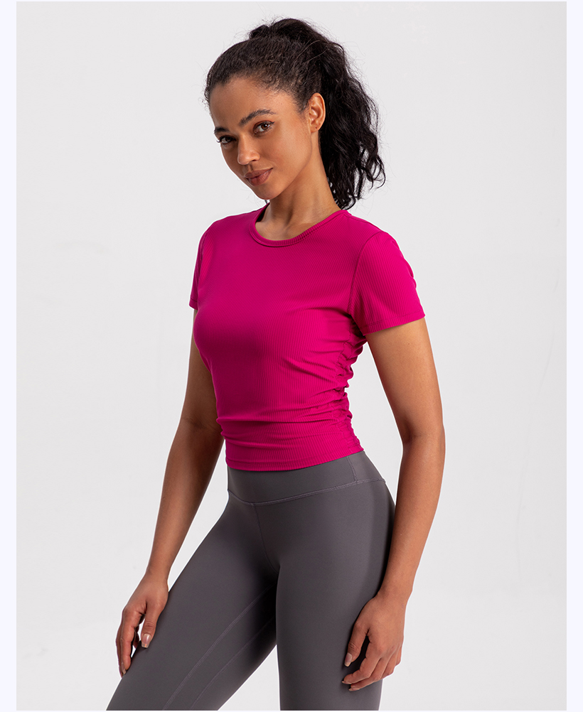 Women's Ribbed Short Sleeve Workout Top - Fuchsia Athletic Yoga Shirt for Gym & Training