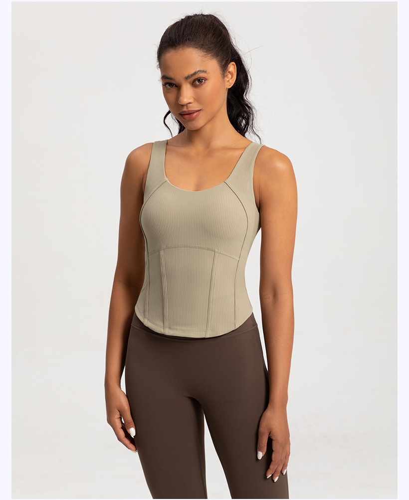 Women's Ribbed Corset - Style Workout Tank Top, Khaki Athletic Vest for Yoga & Fitness