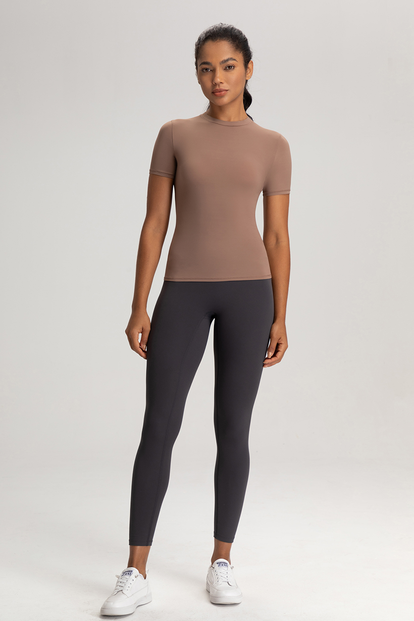 Women's Taupe Short - Sleeve Stretch Workout Top, Athletic & Yoga Shirt