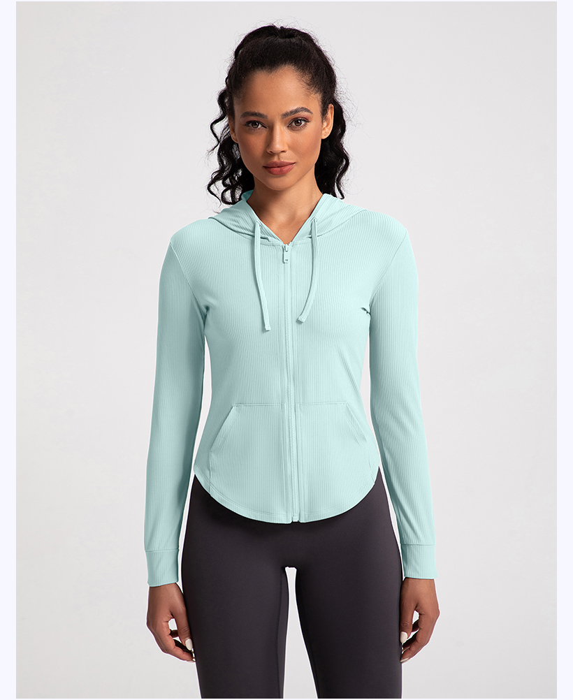 Women's Ribbed Hooded Zip - Up Jacket - Light Khaki Athletic Wear for Yoga, Gym