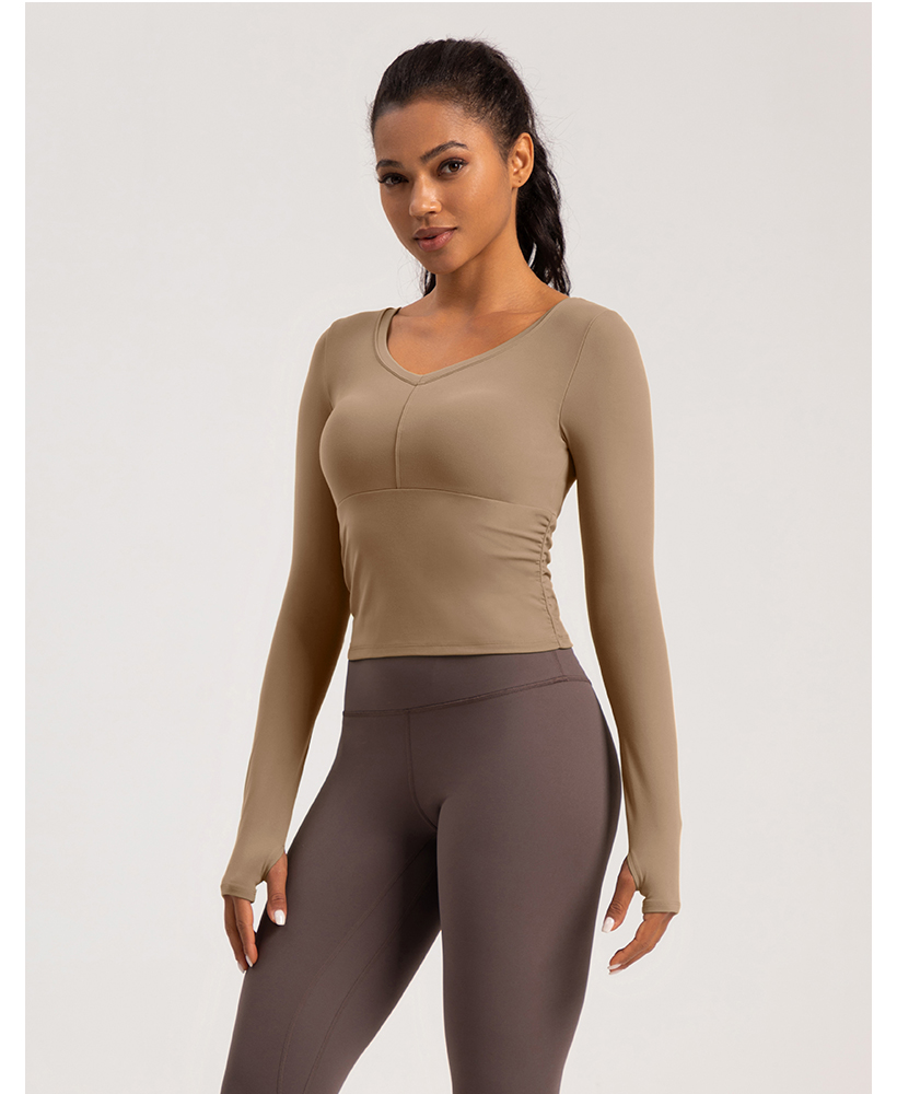 Women's Khaki V - Neck Long - Sleeve Cropped Workout Top, Athletic Yoga Shirt