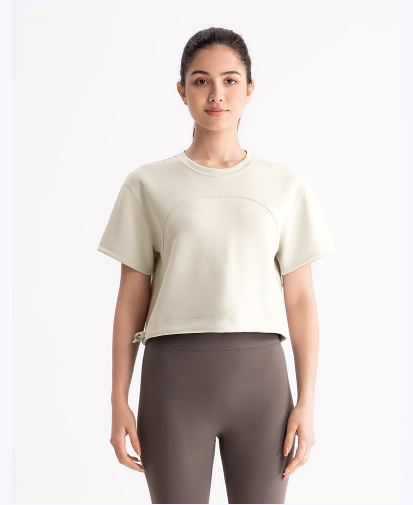 Women's Pink Cropped Short - Sleeve Top, Crew Neck Yoga & Lounge Shirt