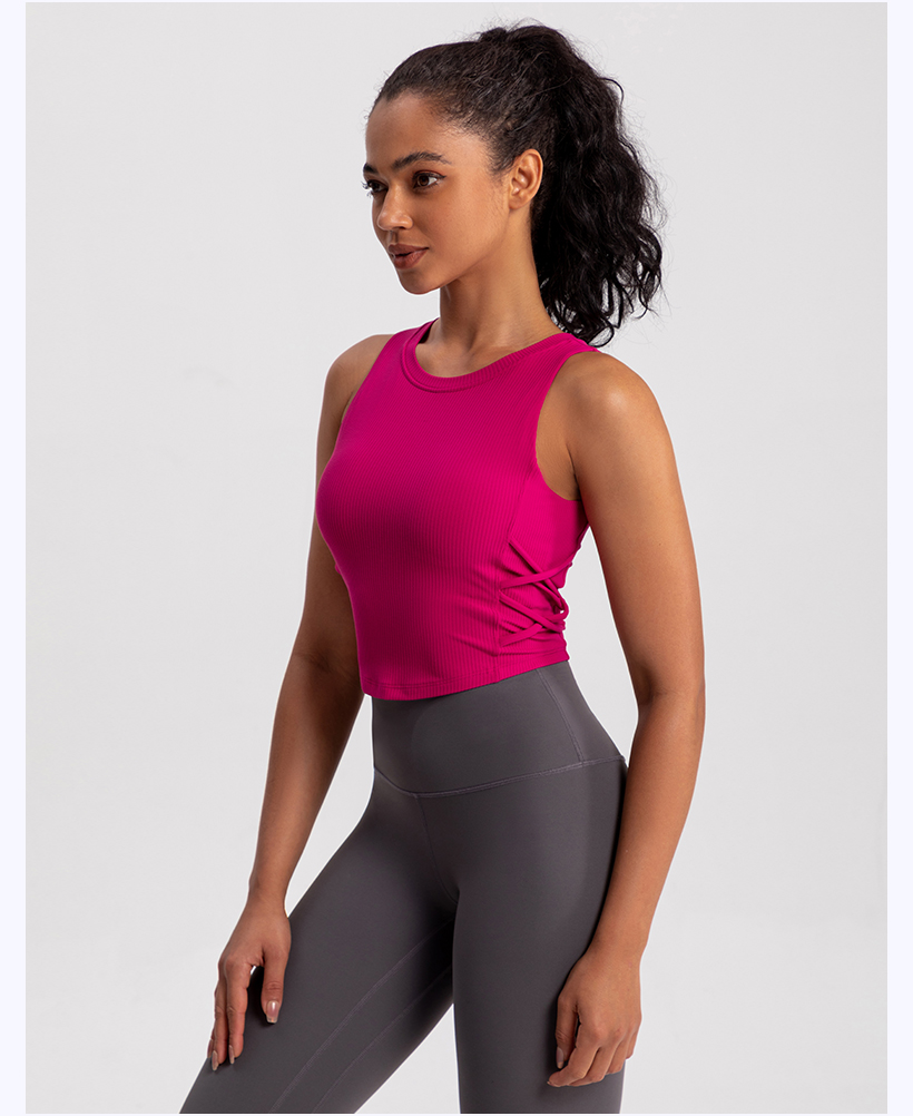 Women's Beige Ribbed Tank Top with Side Cinching, Yoga & Workout