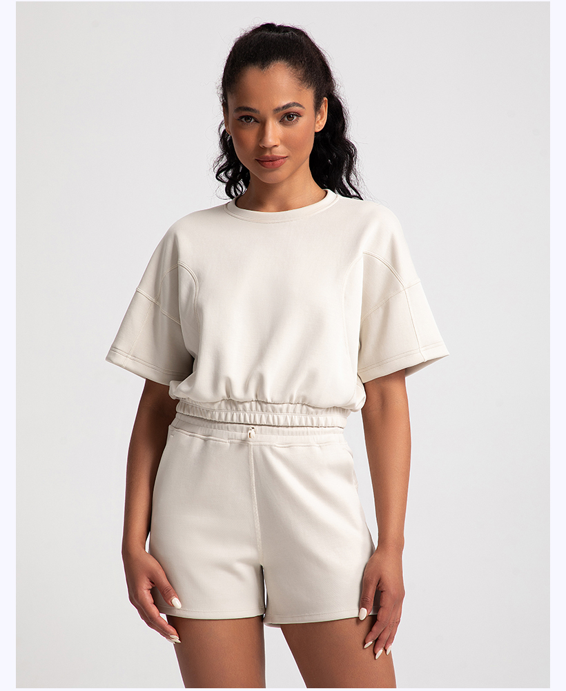 Women's Brown Cropped Short - Sleeve Top with Elastic Hem and Black Shorts Set（