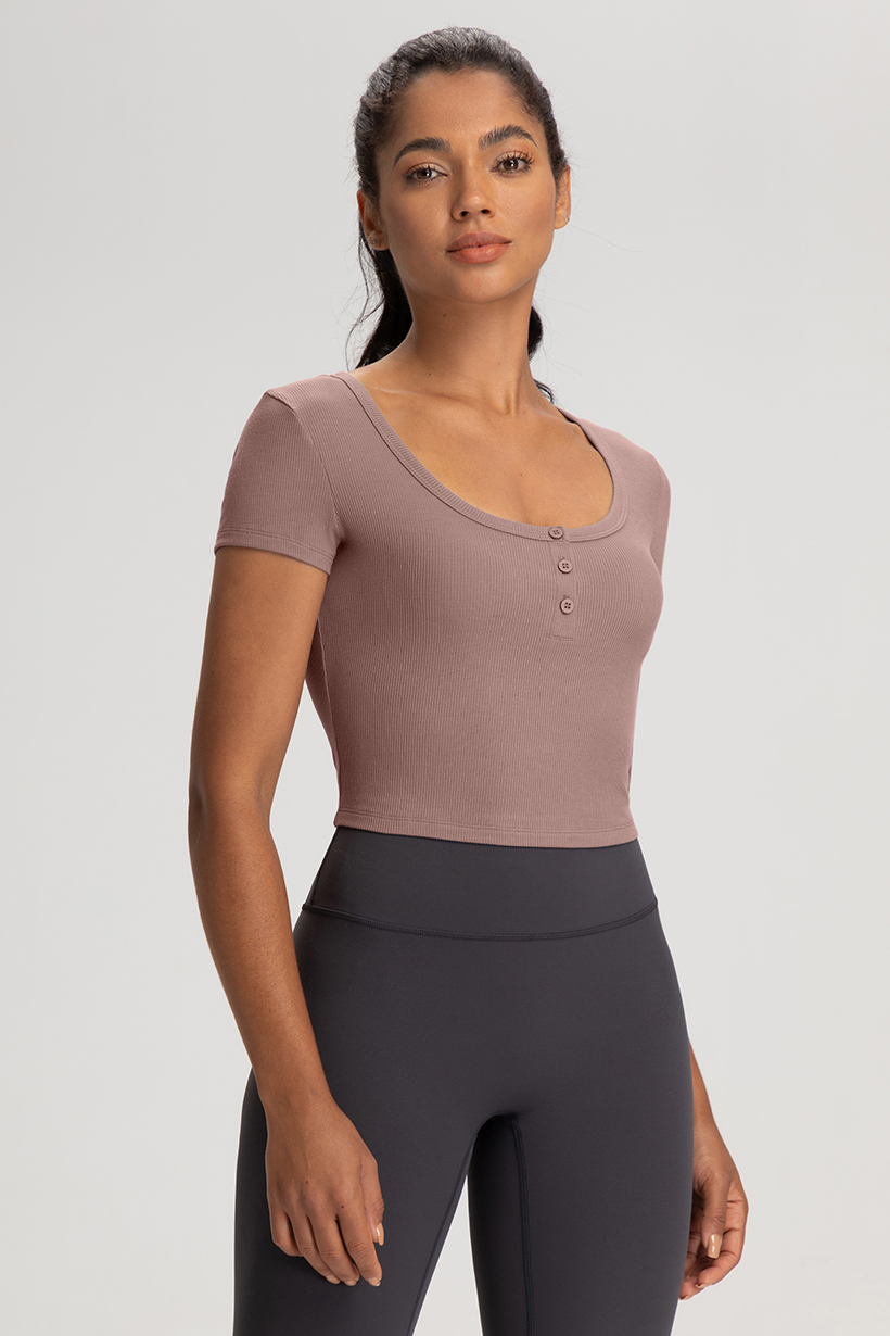 Women's Ribbed Crop Top - Square Neck Short Sleeve Button-Down Workout Shirt