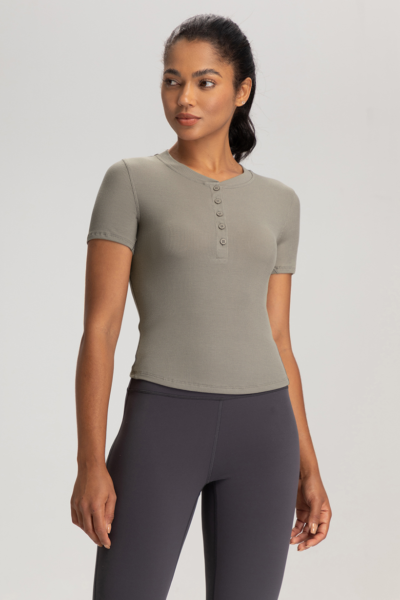 Women's White Ribbed Short - Sleeve Henley Top, Slim - Fit Yoga & Workout Shirt