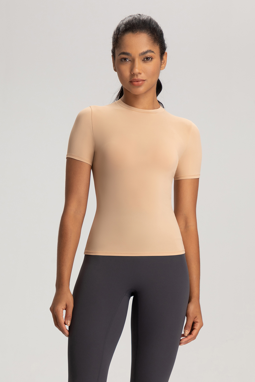 Women's Taupe Short - Sleeve Stretch Workout Top, Athletic & Yoga Shirt